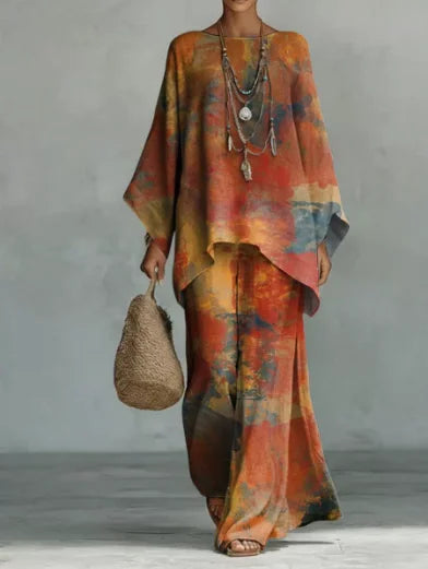 Boho Two Piece Set Summer Women's Loose Patchwork Wide Leg Pants Set Fashion O Neck Pullover Top 2-piece Set Outfit Streetwear