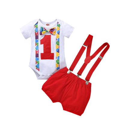 MiniFox Baby Boys Birthday Outfit For One Years Number"1“ Bodysuit and Y-back Suspender Shorts 1 Year Birthday Cake Smash Sets