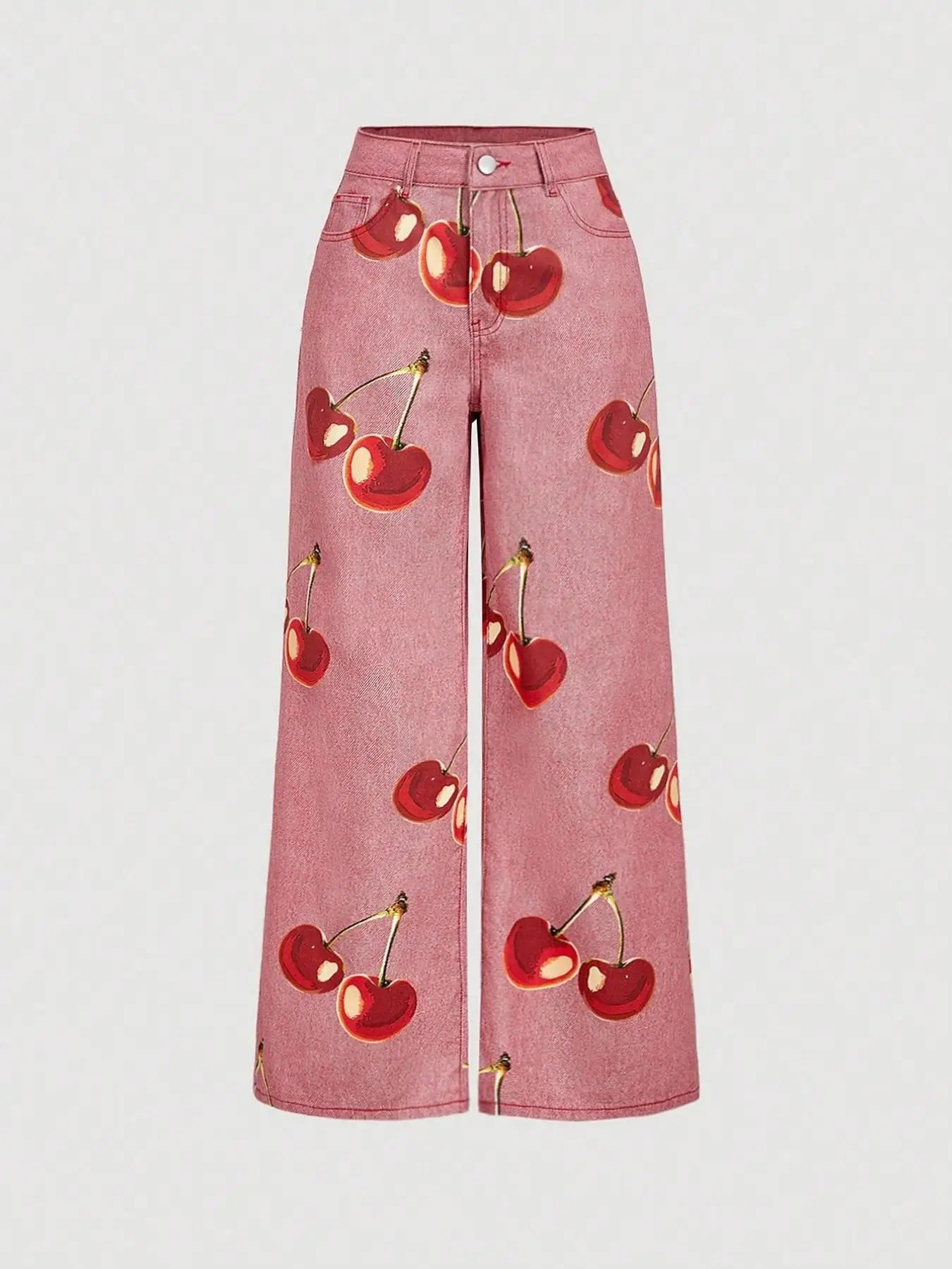 Sweet Girl Style Cherry Print Wide Leg Jeans High Waist Slimming Straight Pants, Casual Fashion Denim Trousers for Women