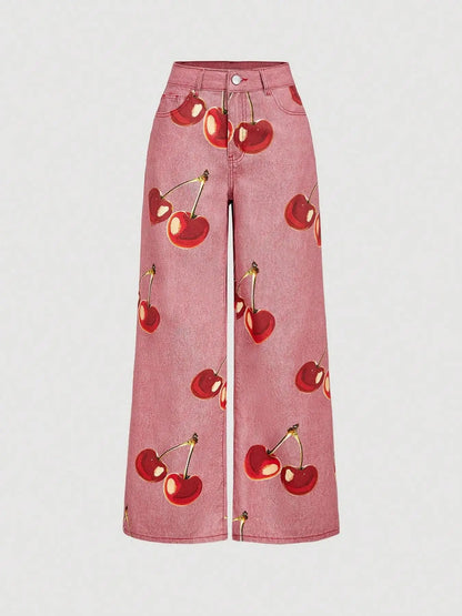 Sweet Girl Style Cherry Print Wide Leg Jeans High Waist Slimming Straight Pants, Casual Fashion Denim Trousers for Women