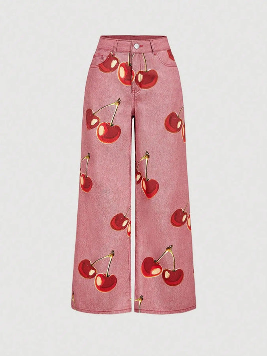 Sweet Girl Style Cherry Print Wide Leg Jeans High Waist Slimming Straight Pants, Casual Fashion Denim Trousers for Women