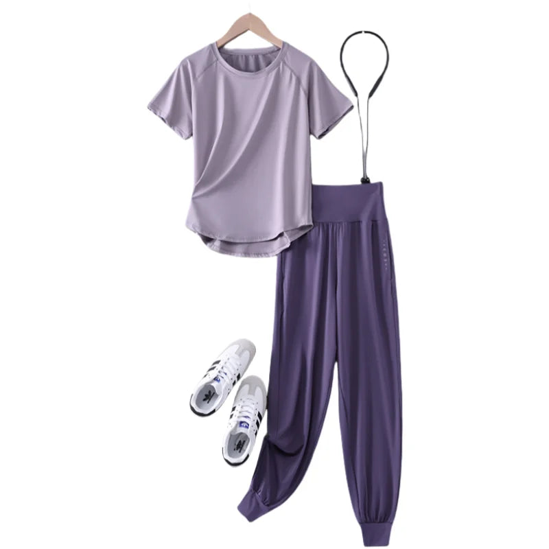 DRUR S-4XL Yoga Set Women Sport Shirts Gym Pants Set 2 Piece Short Fitness Tops Sweatpants Suit Female Summer Sportswear Outfit