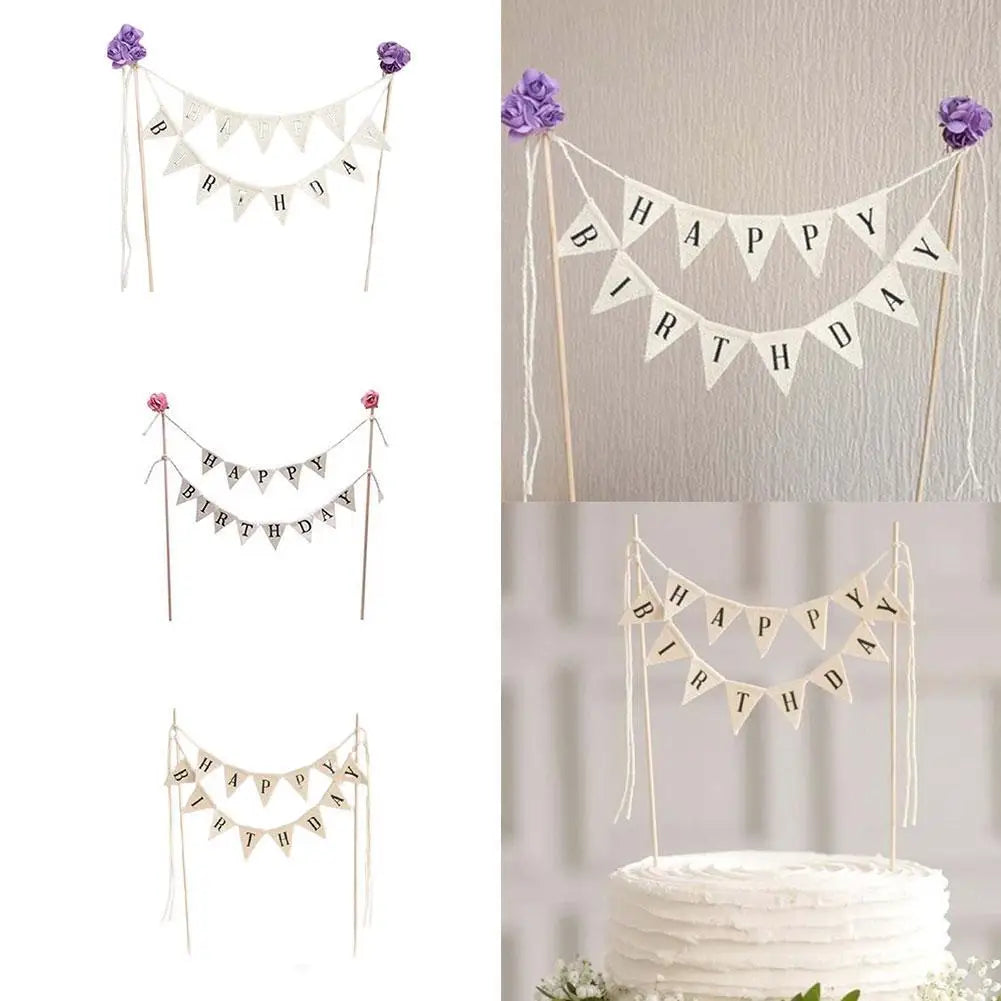 New Birthday Cake Flag Topper Baking Decoration Tools Wood Gadgets Paper Decor Happy Party Birthday Decor With Letter Pattern