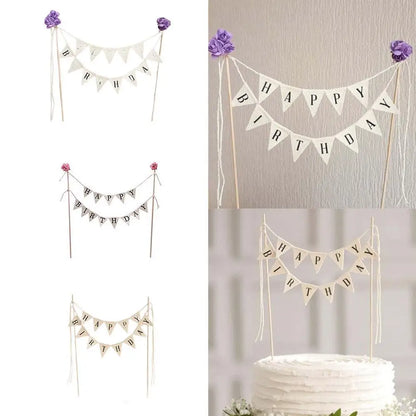 New Birthday Cake Flag Topper Baking Decoration Tools Wood Gadgets Paper Decor Happy Party Birthday Decor With Letter Pattern