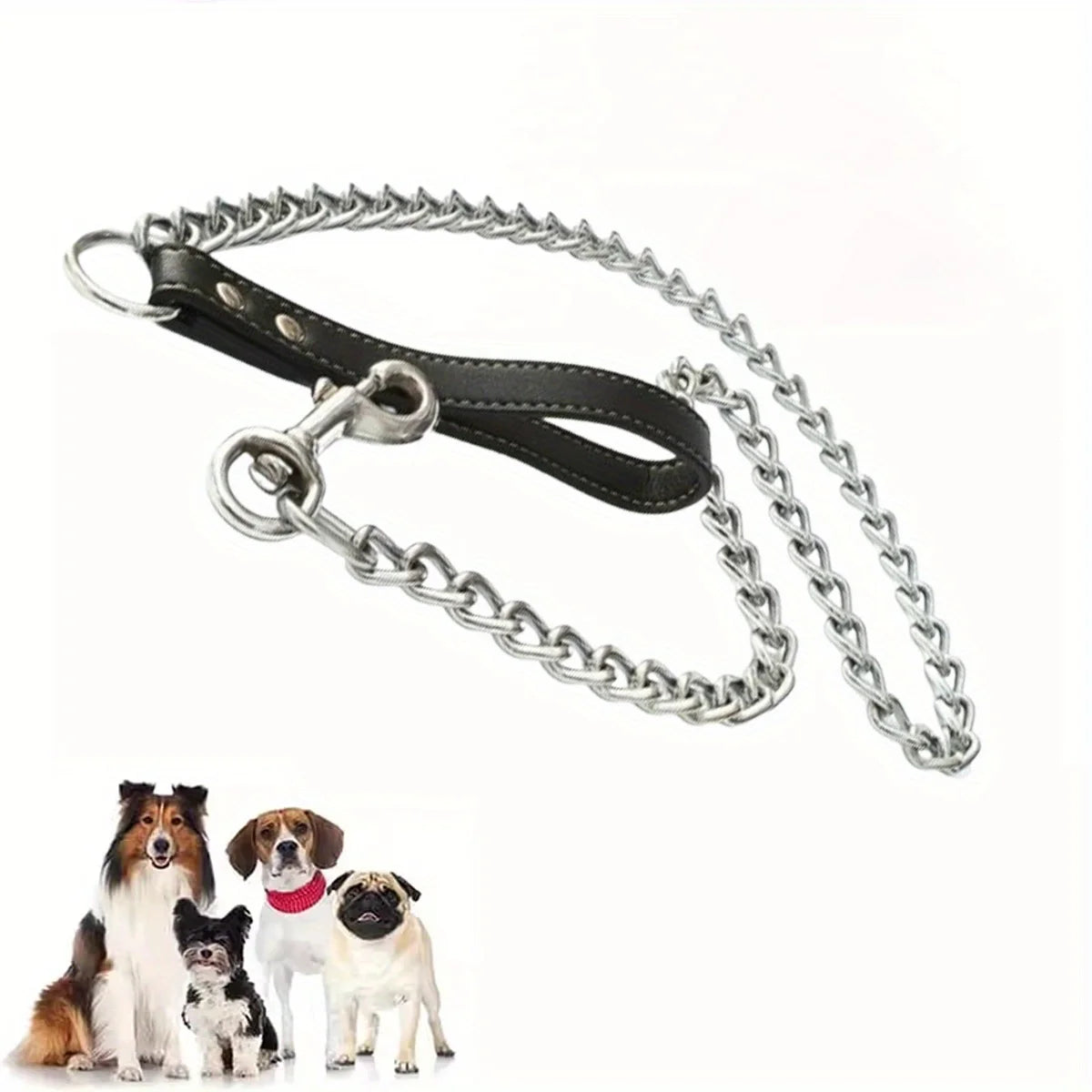 1pc-120cm Anti Bite Dog Chain Leather Handle Chain Durable Metal Anti Chewing Training Dog Leather
