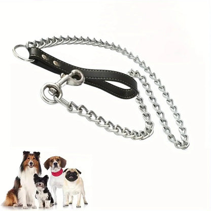 1pc-120cm Anti Bite Dog Chain Leather Handle Chain Durable Metal Anti Chewing Training Dog Leather