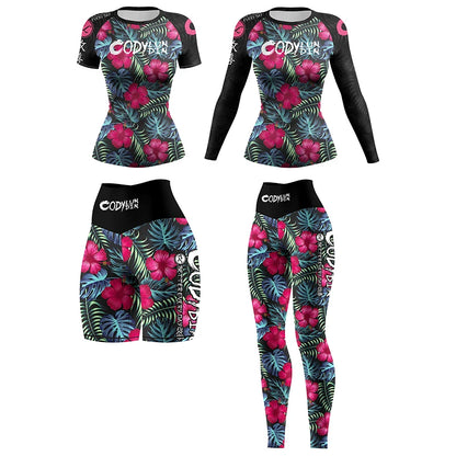Flower Print Women Rash Guard Gym Clothes MMA Compression Yoga Wear Jiu Jitsu Rashguard T-shirt+Pants Boxing Grappling 4pcs/Sets