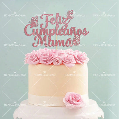3pcs Feliz Cumpleanos Mama Cake Topper Pink Glitter Spanish Birthday Cake Decoration with Butterflies