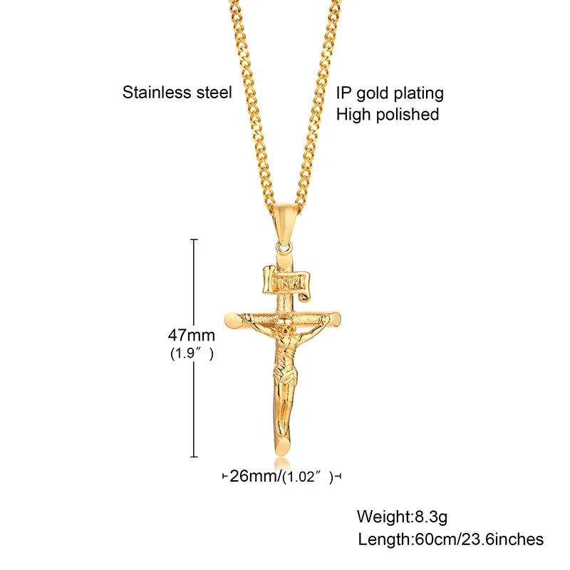 Stainless Steel Cross Necklace Catholicism Jesus Pendant Gold Color Collar Church Prayer Faith Jewelry for Men Women Gift