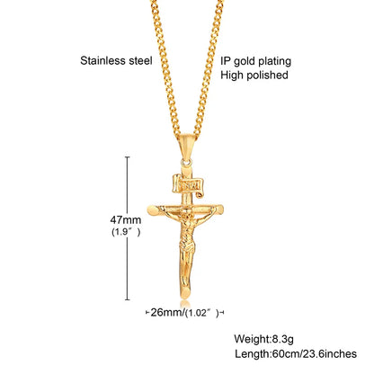 Stainless Steel Cross Necklace Catholicism Jesus Pendant Gold Color Collar Church Prayer Faith Jewelry for Men Women Gift
