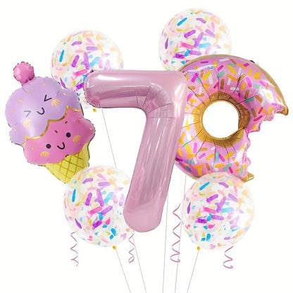 7-Piece Set of Cute Pink Donut Candy Foil Balloons 40inch Ice Cream Themed Birthday Party Scene Decoration Photo Props Indoor and Outdoor Decoration Cool Summer Gifts Anniversary Supplies, Halloween Decorations, Christmas Dec