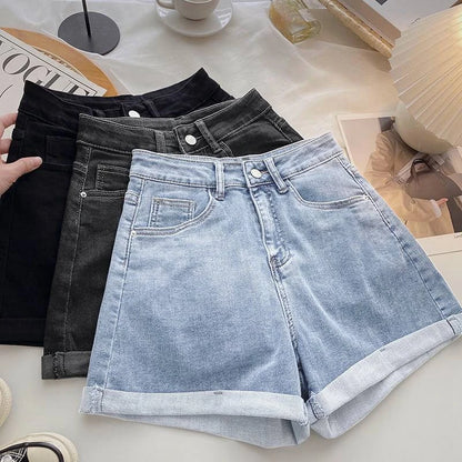 High Waist Wide Leg Casual Jeans Shorts Women's Summer Fashion Slimming A-Line Shorts Blue Denim High Waist Loose Cover Hip