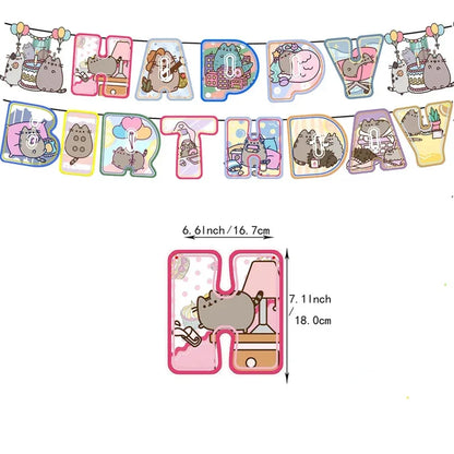The Pusheen Cat Balloons Birthday Decoration Party Supplies Cartoon Grey Pet Fat Cat Theme Banner Backdrop Cake Topper Sticker