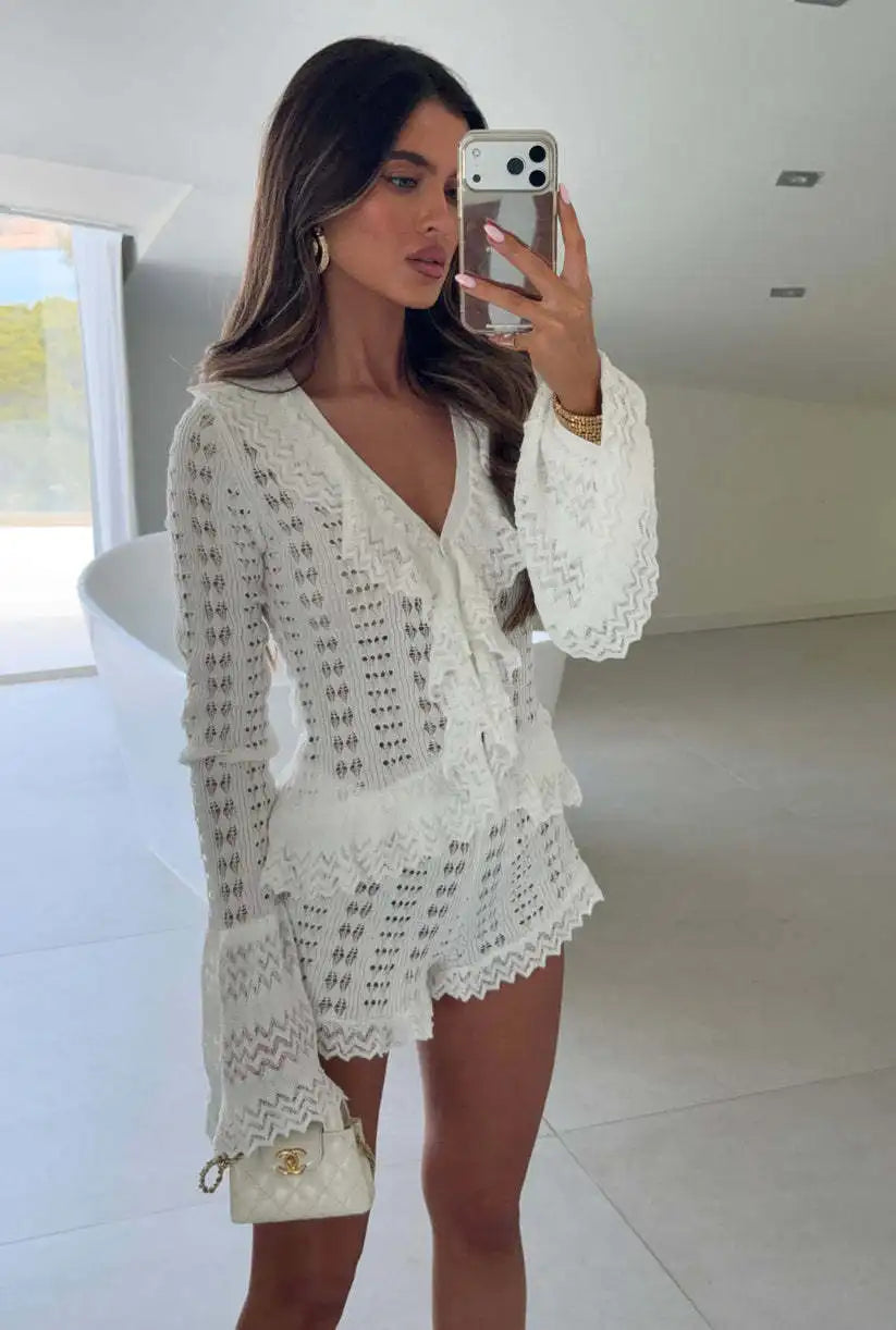  Women Hollowed Two-piece Set V-neck Sheer Waves Fungus Edge Flared Sleeves Lace Shorts Pants 2026 Summer Vacation Party Outfit