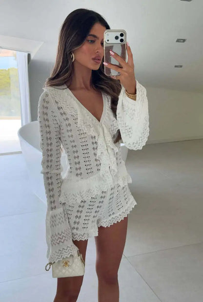  Women Hollowed Two-piece Set V-neck Sheer Waves Fungus Edge Flared Sleeves Lace Shorts Pants 2026 Summer Vacation Party Outfit