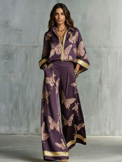 Fashion Set For Women Autumn 2026 New Loose Lapel Zipper Long Sleeve Coat Top Wide Leg Pants Two Piece Set Leisure Print Outfits