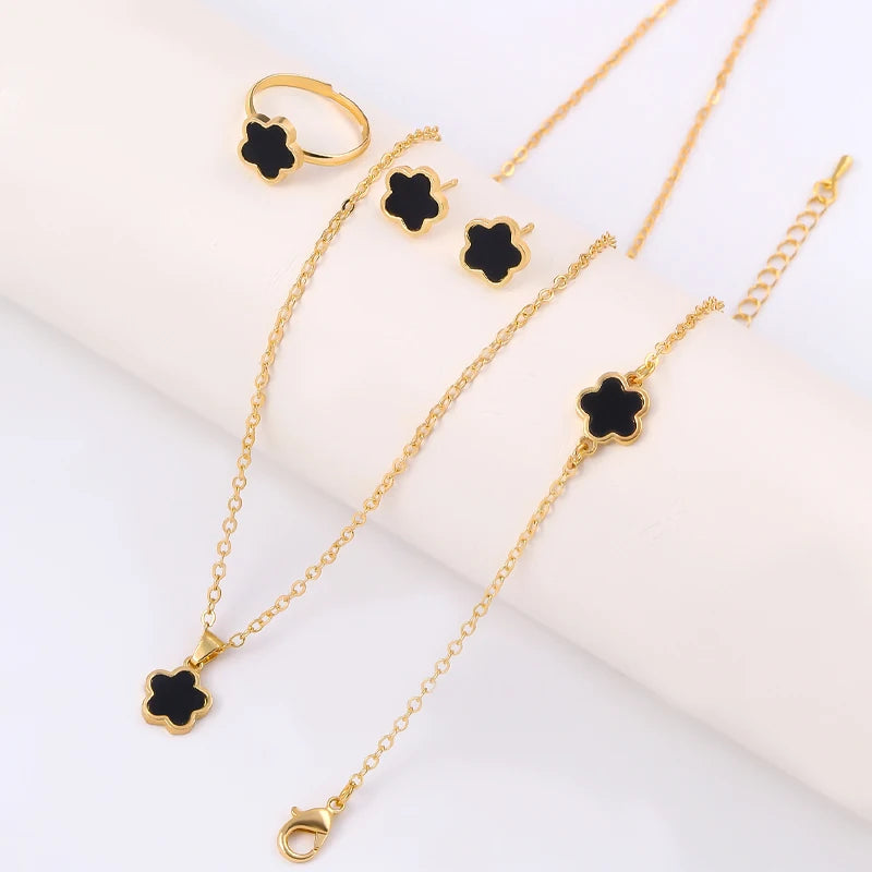 Four-Leaf Clover Five-Piece Jewelry Set, Black Gold Light Luxury Necklace, Earrings, Bracelet, Ring Set, Fashionable and Elegant Women's Jewelry, Popular Accessories