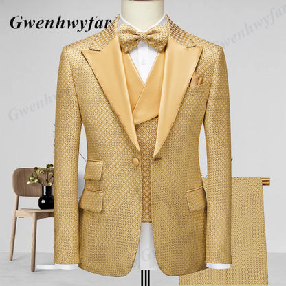 Gwenhwyfar Wheat-gold Patterns Suits of Men 2026 Autumn Party Suits Include Plain Gold Lapel Blazer Patterns Vest Slim Pants