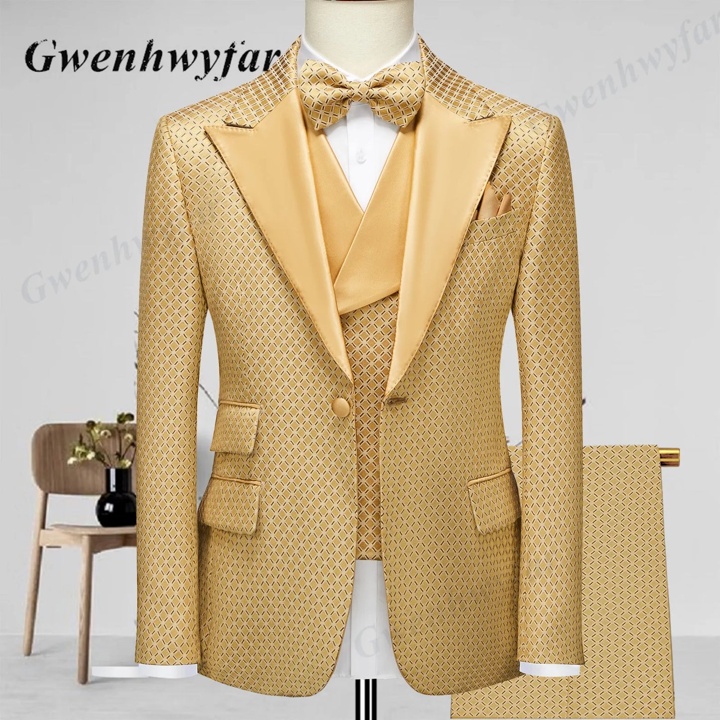 Gwenhwyfar Wheat-gold Patterns Suits of Men 2026 Autumn Party Suits Include Plain Gold Lapel Blazer Patterns Vest Slim Pants