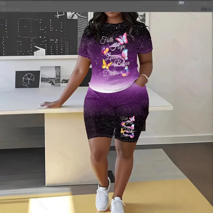 Fashion Casual Women's Shorts Short Sleeve Suit Gradient Letter Print Summer Suit T-shirt + Shorts 2 Pieces Sets 2025