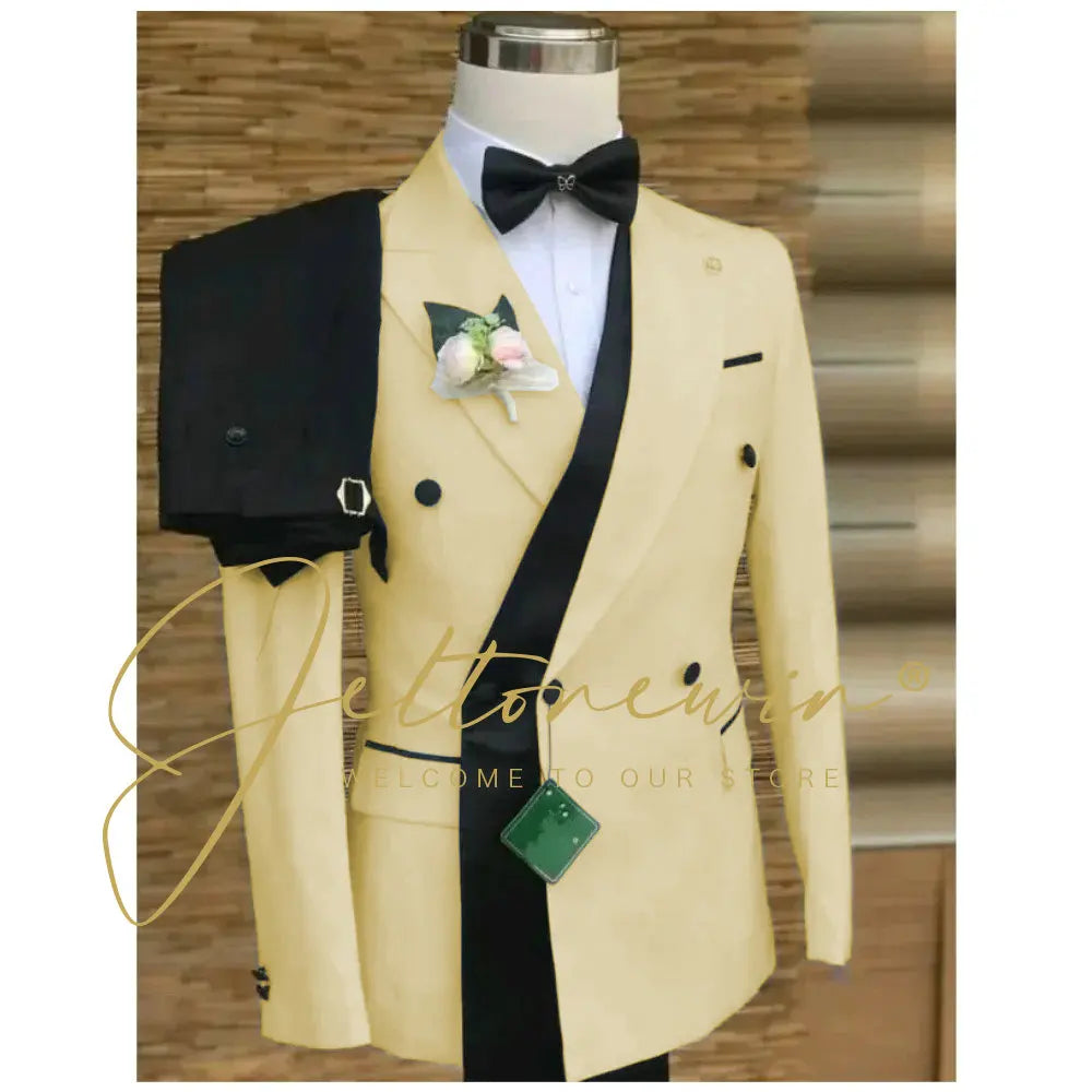 Double Breasted White Black Wedding Suits for Men Fashion Slim Fit Groom Best Man Wedding Tuxedo Formal Prom Wear 2 Pieces Set