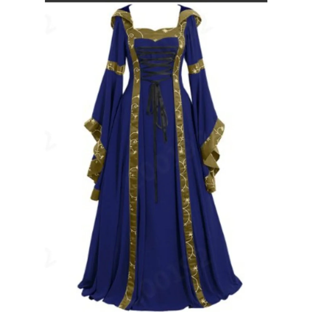 Women Medieval Floor Length Dress Cosplay Costumes Long Bell Sleeve Lace-Up Princess Long Dress Retro Gothic Dress Plus Size 5XL