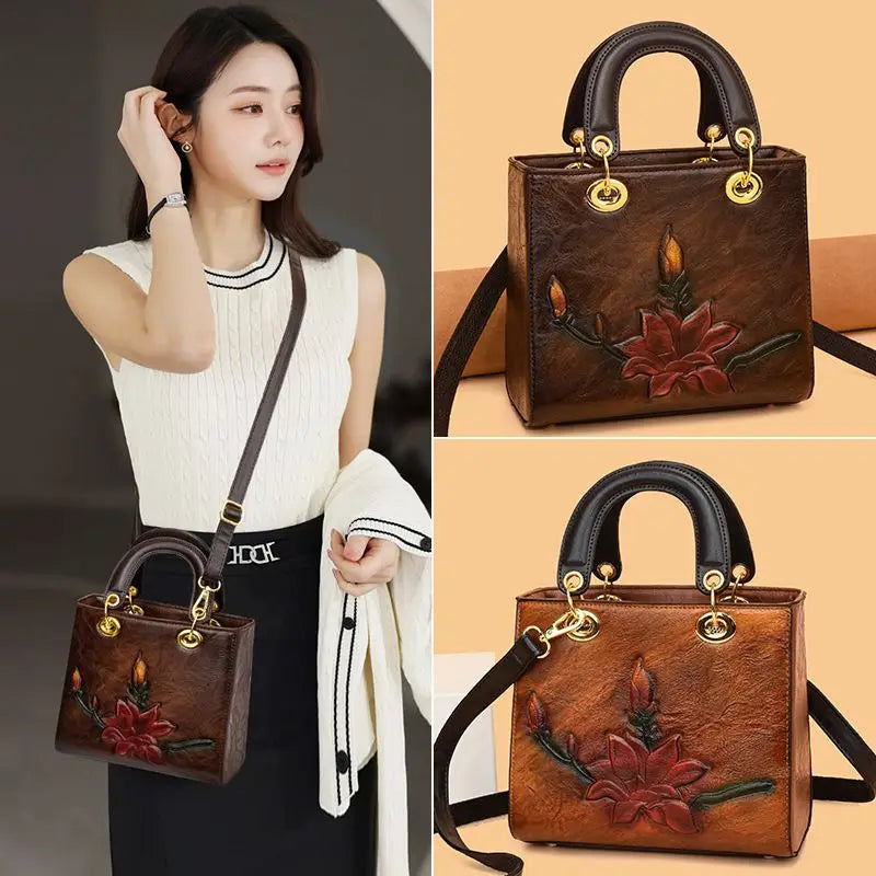 2026 New Handbag Trendy Hand-held Bag Floral Embossed Design Slanted Single-shoulder Crossbody Retro Ethnic Bags Women Package