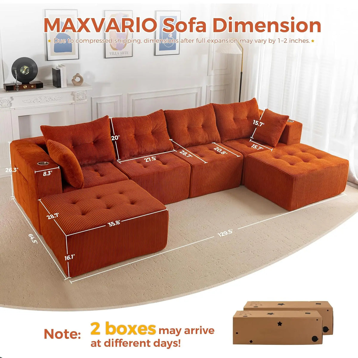 Boneless Couch, 129.5-Inch U-Shaped Cloud Couch, 2 Ottomans | Orange Tufted Modular Sofa in a Box Requires No, Customized