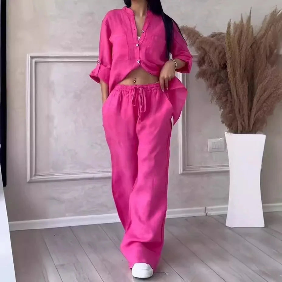 Autumn Cotton And Linen Pant Sets Women Fashion Long Sleeve Shirts Lace Up Pant Two Piece Set Casual Loose Wide Leg Pants Suit