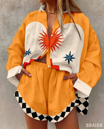 Summer Fashion Print Beach Holiday 2-Piece Set Women Long Sleeve Shirt Top+Wide Legs Short Women Oversized Two-Piece Outfit