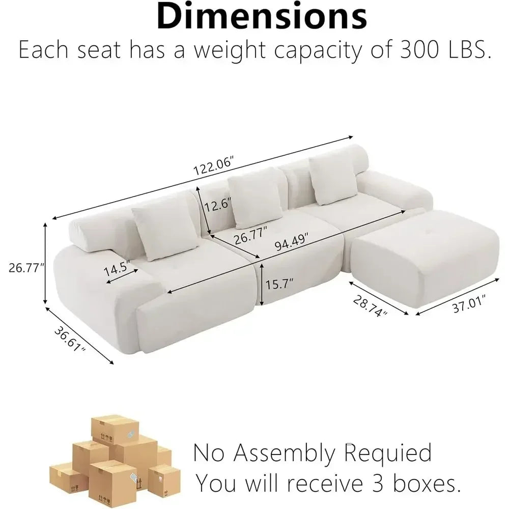 Heavy-Duty 122 Sectional Sofa with Ottoman, Premium Corduroy, 1200lbs Capacity, High-Density Foam (Beige, 3 Seater & 1 Ottoman)