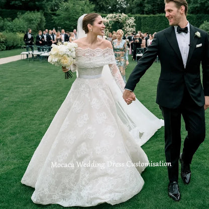 Mocaca Customized White Off the Shoulder Wedding Dresses Lace Long Sleeves Elegant Court Train Bridal Gowns A-Line Wedding Gowns