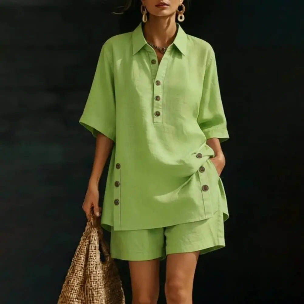 Cotton Linen Set for Women Button Short Sleeve Shirt And Wide Leg Shorts 2 Piece Outfit Summer Casual Beach Lounge Sets
