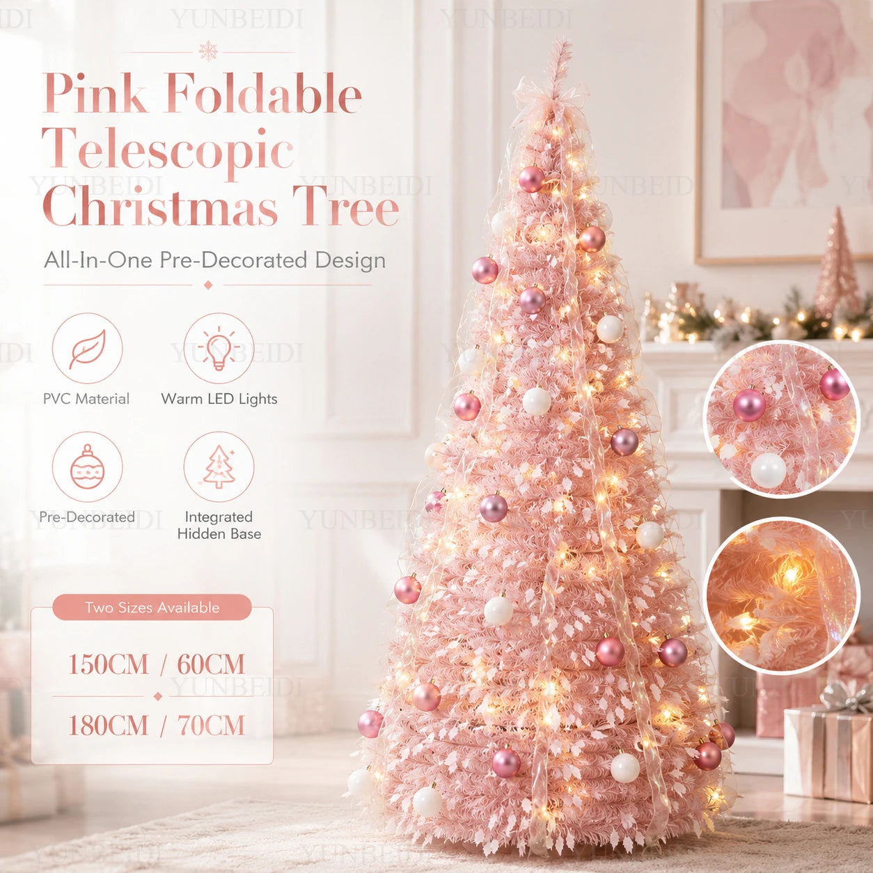 Pink Integrated Foldable Christmas Tree with Ornaments LED Lights High-end Christmas Tree 1.5M/1.8M Family Christmas Decorations
