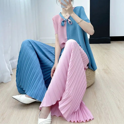 Blouse Pants Suit Women Summer Youthful Pleated Tie-Front Delicate