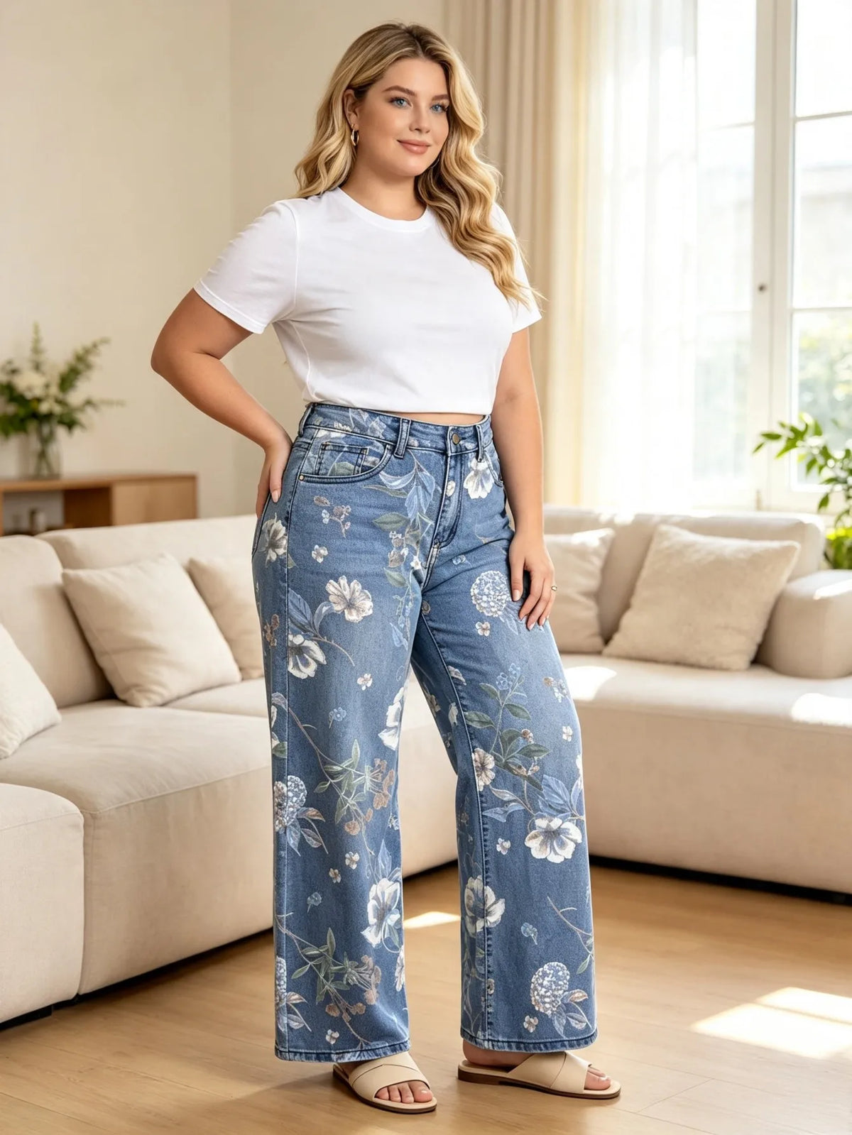【HME】Jeans | All-Over Vintage Floral Print Denim Pants, High Waist Wide Leg Straight Denim, Retro Light Wash Denim Fabric, Artistic Vacation Style Pants For Women Daily & Travel Outfits
