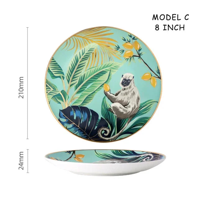 Dinnerware Set Colorful Forest Animal Design Plate Steak Tray Flat Ceramic Tableware 10inch Dish Christmas Gift Gold