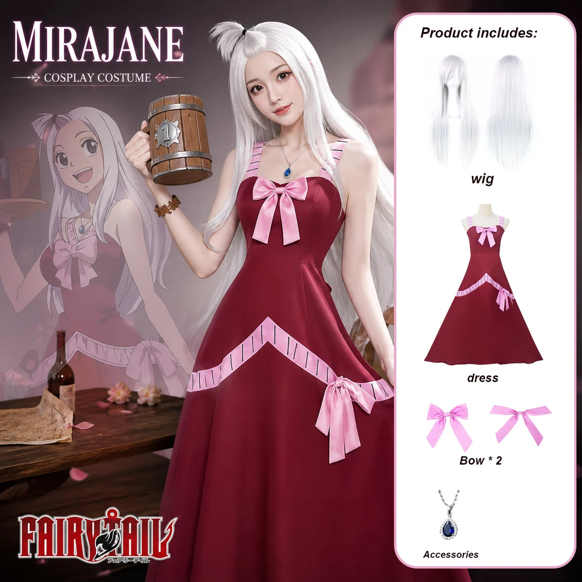 Anime Mirajane Strauss Fairy Tail Red Long Dress Cosplay Full Set Costume Outfit Women Halloween Party Stage Cos Convention