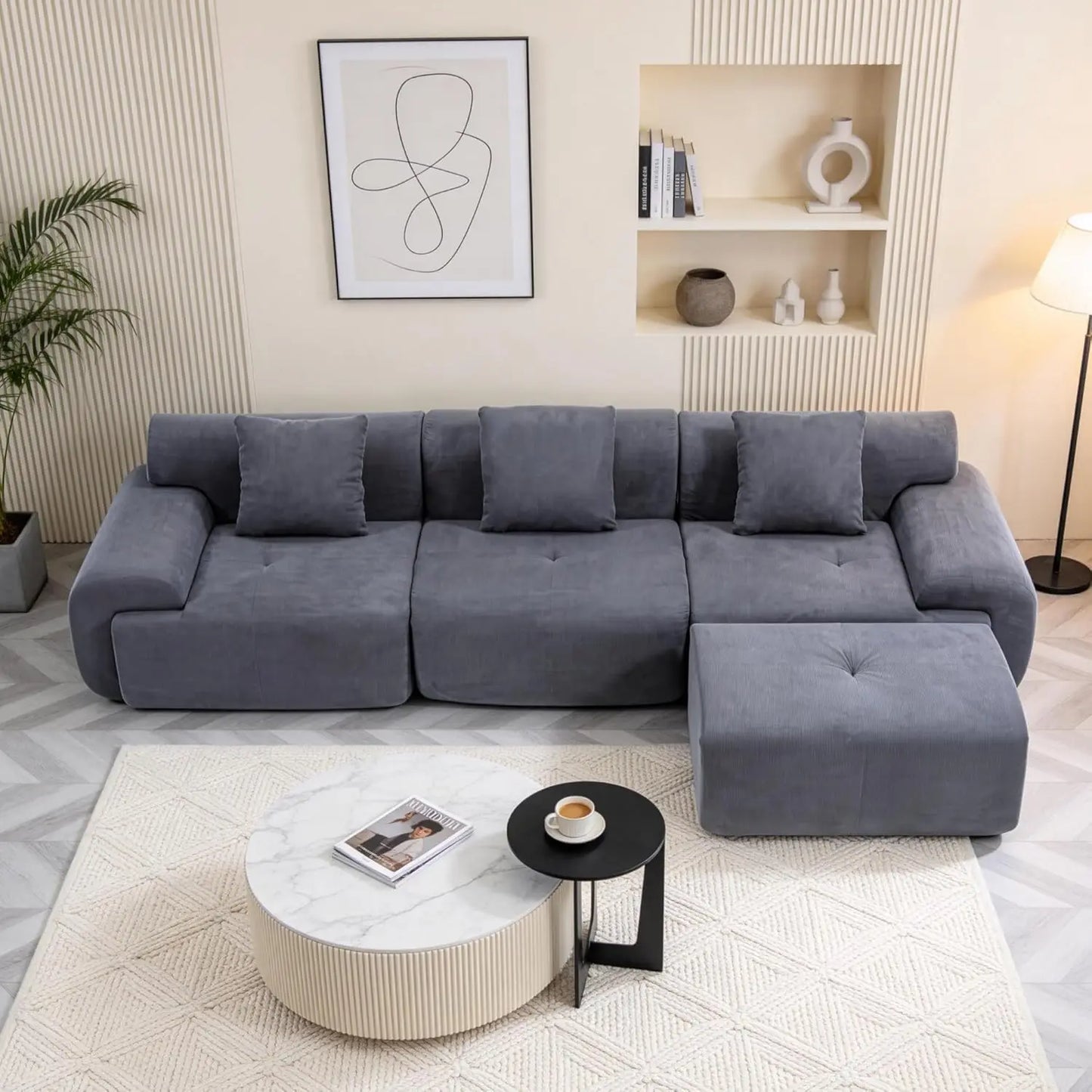 #L-Shaped Modular Sectional Sofa Deep Seat Movable Ottoman Living Room Apartment