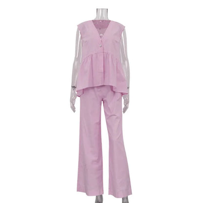 2026 V-neck sleeveless top, vest and long pants suit, solid-color two-piece set