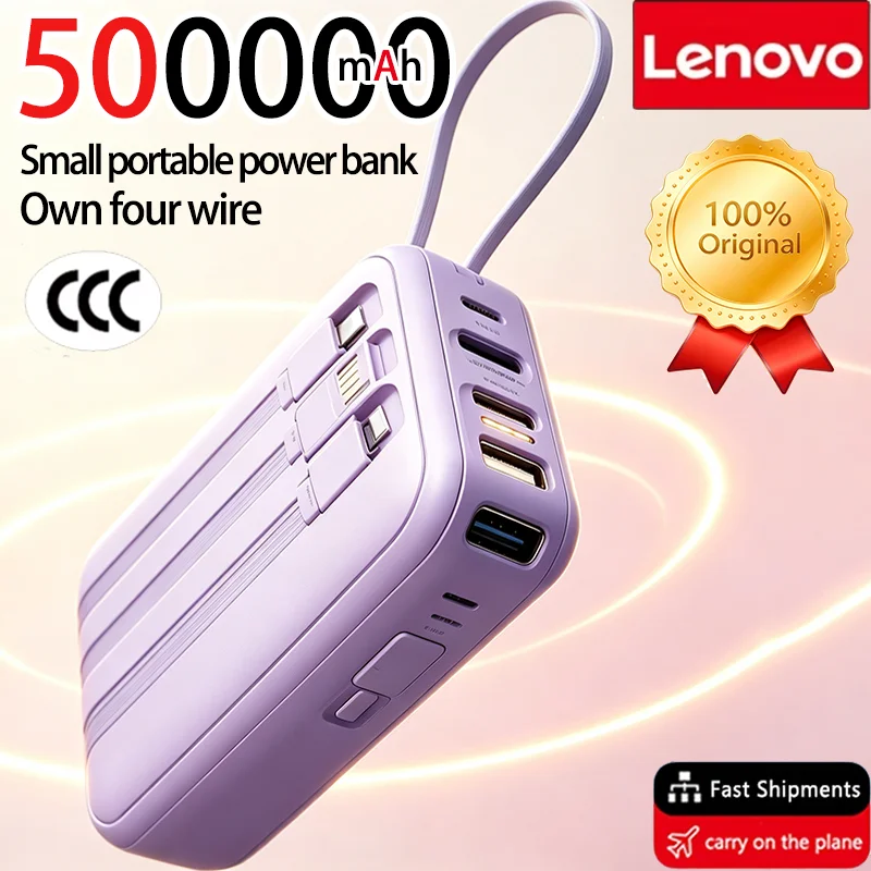Lenovo 4 Built-in Type C Cables Mini Fast Charging 500000mAh Power Bank Compatible With iPhone Samsung Android Smart Mobiles