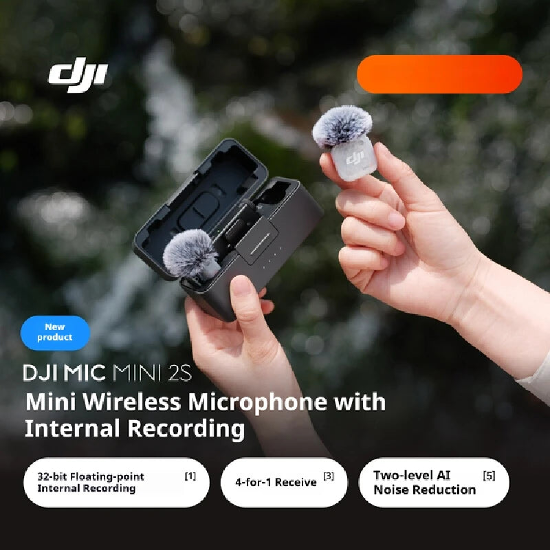 For DJI Mic Mini 2S Wireless Lavalier Mic 1TX/2TX 1RX Built-in Recording 32-bit Float AI Noise Reduction Mic for Camera Phone