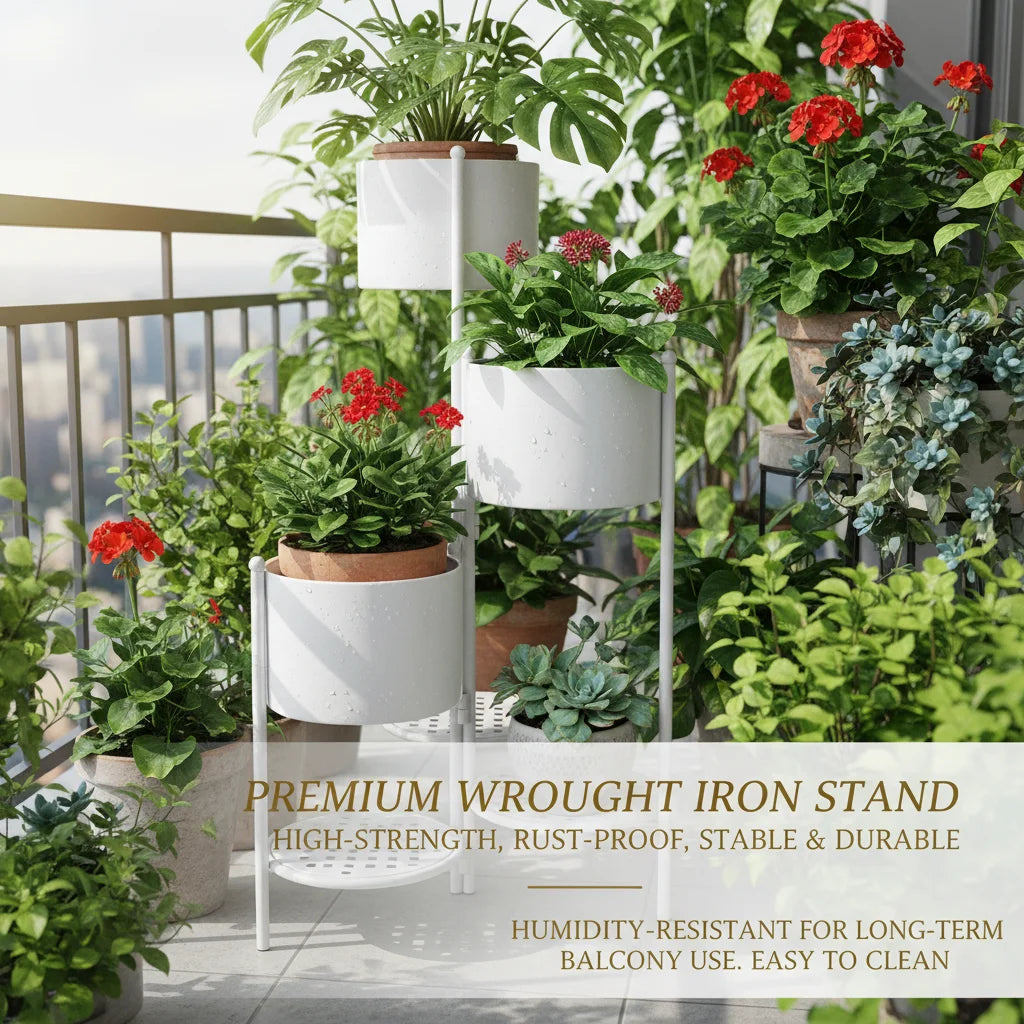 Corner Plant Stand 3-Tier, Nordic Iron Flower Pot Holder with Foldable Design, Space-Saving Ladder Plant Shelf for Indoor Outdoor, White