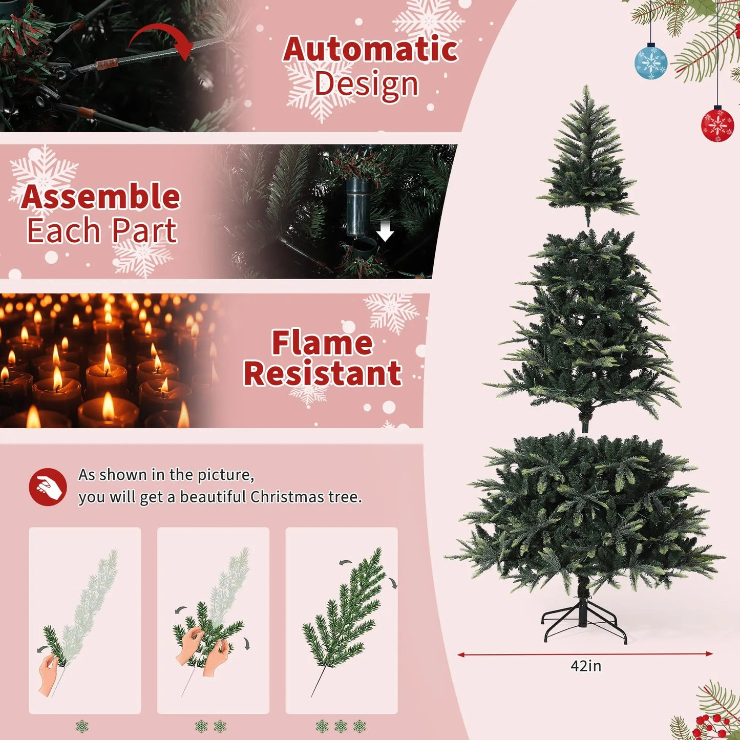 6.5ft Christmas Tree, Artificial Christmas Tree with 300 Warm White Lights, PE & PVC Xmas Tree with Thickened Branch Tips, Easy Assembly for Home Office Party, Green