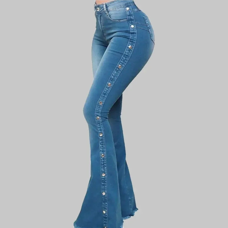 High-Waist Flare Denim Jeans | Distressed Vintage Stretch Trousers | Women's Floor-Length Streetwear Pants