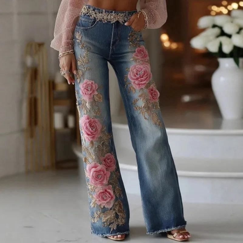 Women's Fashion and Leisure 2025 Retro Style Pink Rose Embroidery Art Print Imitation Jeans Pants