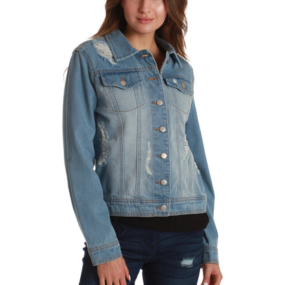 Women's Casual Washed Regular Fit High Quality Vintage Denim Jacket with Waist Tie and Cargo Pockets