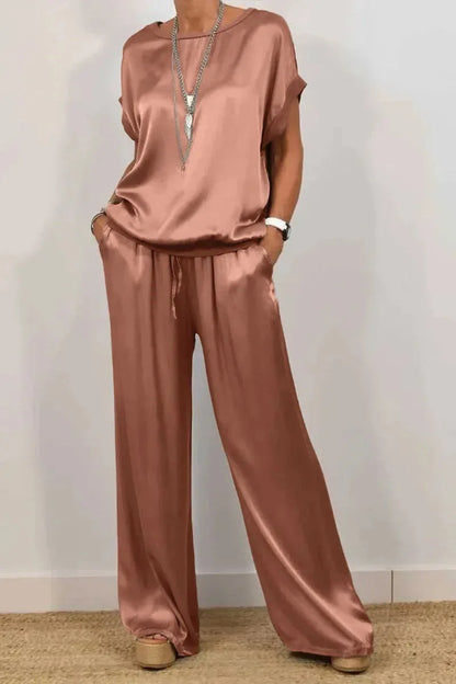 Casual Solid Color Two Piece Set Loose O-neck Short Sleeved Pullover Top Elastic Waist Wide Leg Pants Set Fashio Commuting Set
