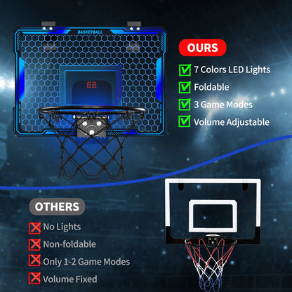 Basketball Hoop Wall-mounted Indoor Training Home Kids Basketball Toy,with 7 LED Lights Scoreboard 3 Play Modes,Mini Basketball Hoop Set For Kids Outdoor Games