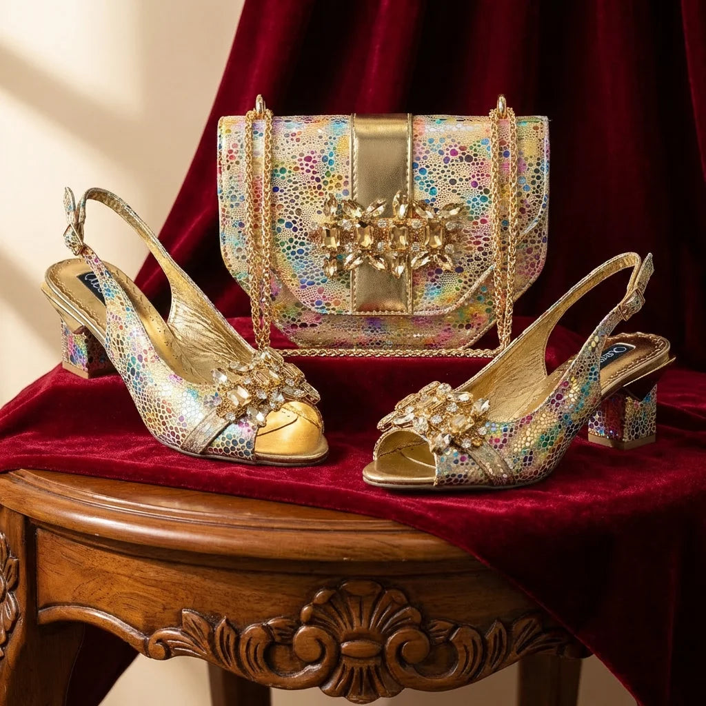 2026 New Elegant Italian Design Women's Black Heels with Rhinestones and Metal Decoration Shoes and Matching Bag Set for Party